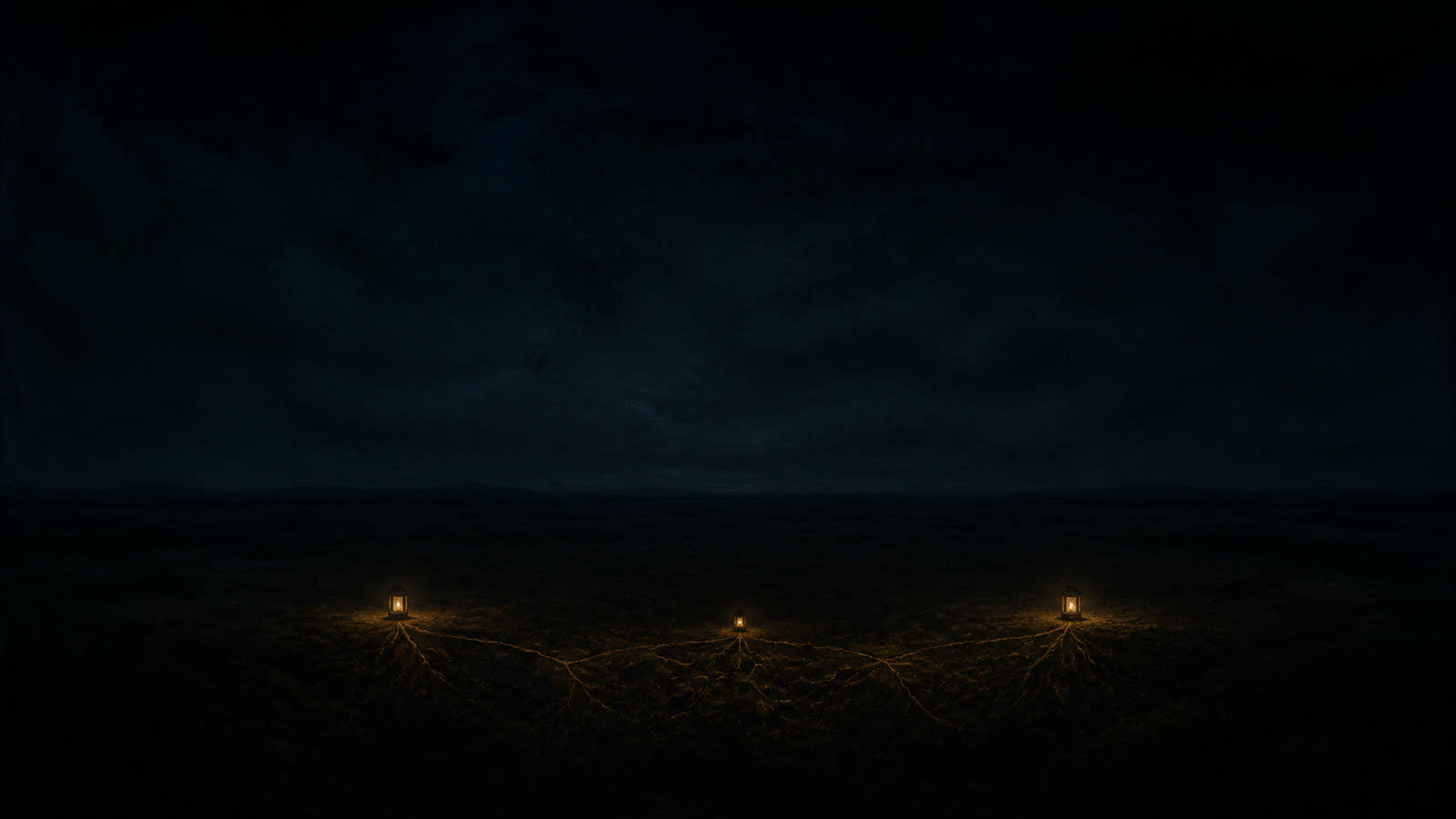 Three lanterns on a dark plain, a faint amber root-lattice glowing beneath the soil that holds them all